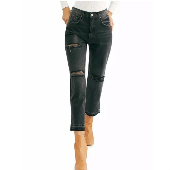 Free People Lita High Rise Black Jeans | Distressed Baggy Mom Jean Boho Ankle - Picture 11 of 12